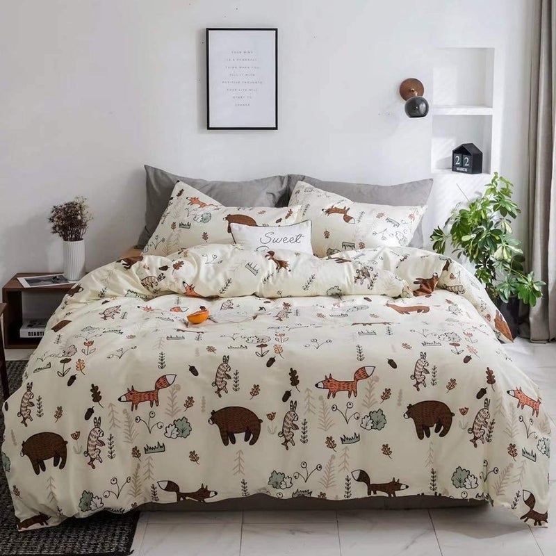 Houseri Beige Bear Comforter Set Twin Size 3 Pieces Toddler Girls Boys Woodland Theme Cartoon Bedding Sets Ultra Comfy Fox Rabbit Forest Animal Print Breathable Soft Bed Quilt Blanket Twin Kids Gift - Image 1